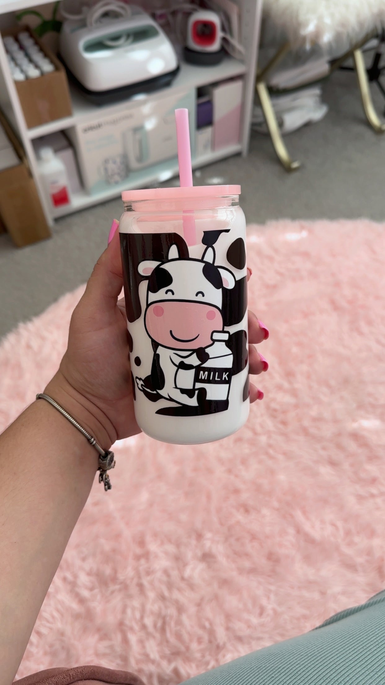 Snow globe Cow print white milk 16oz cup