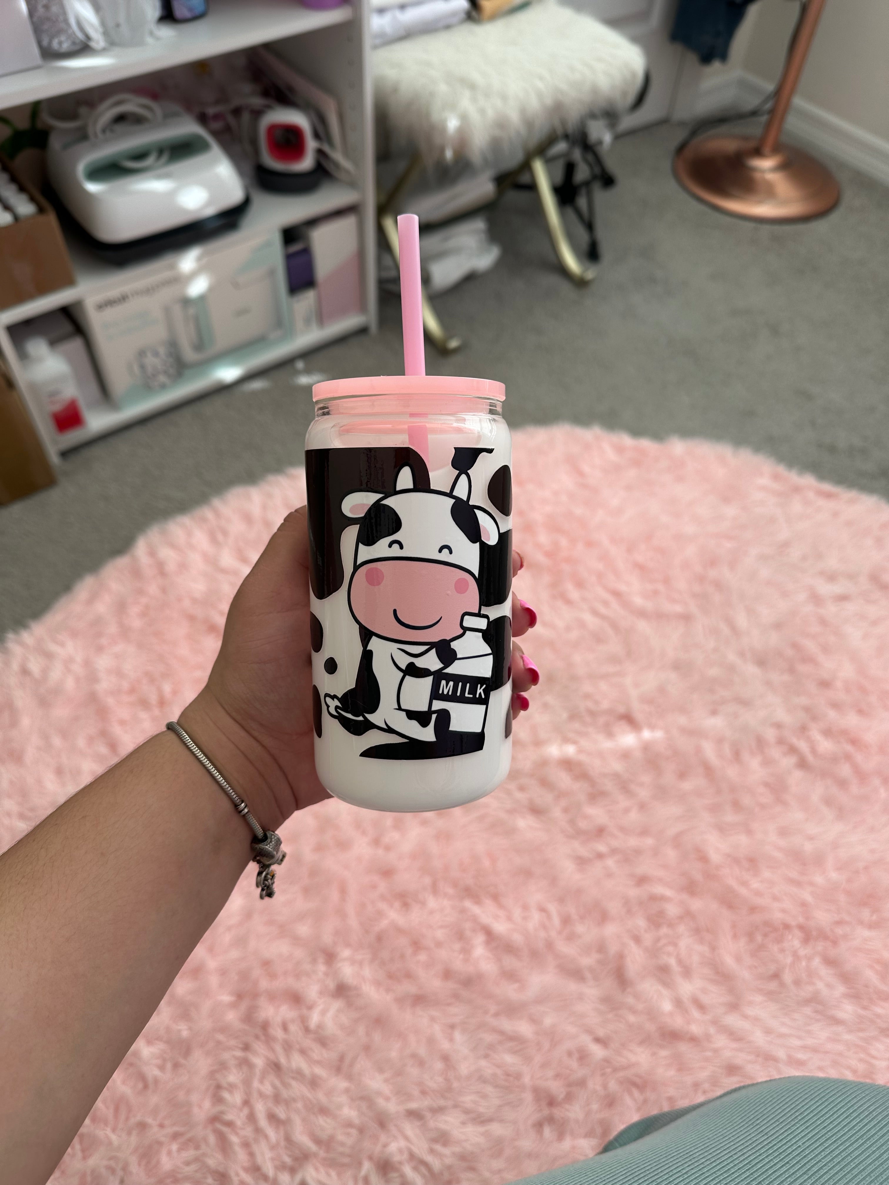 Snow globe Cow print white milk 16oz cup