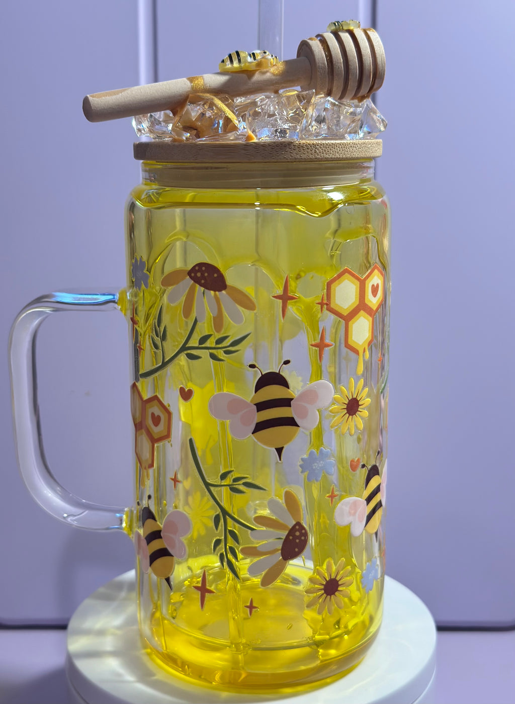 Honey Drip Bee Snow Globe Cup 16 oz Glass with lid and straw