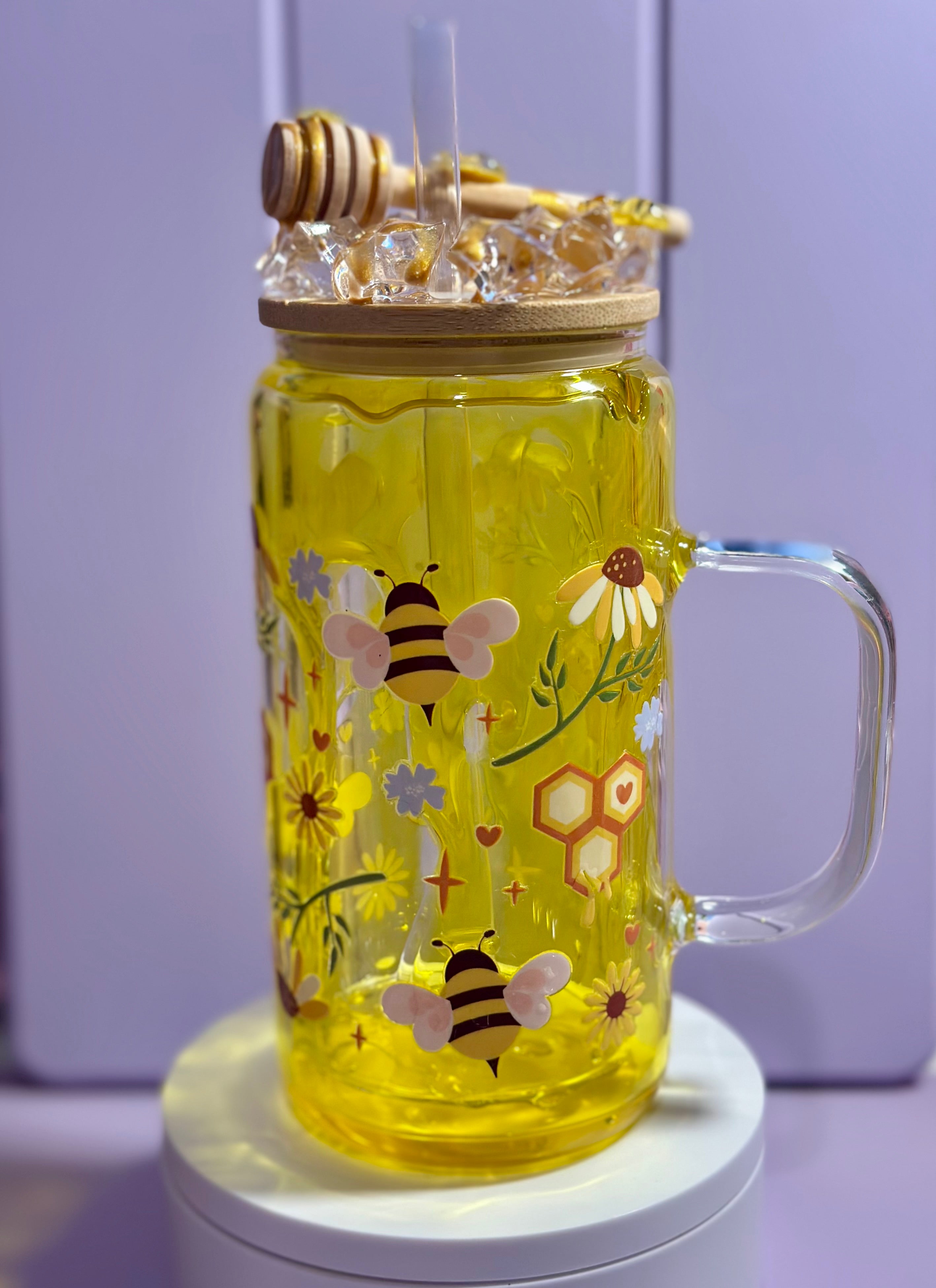 Honey Drip Bee Snow Globe Cup 16 oz Glass with lid and straw