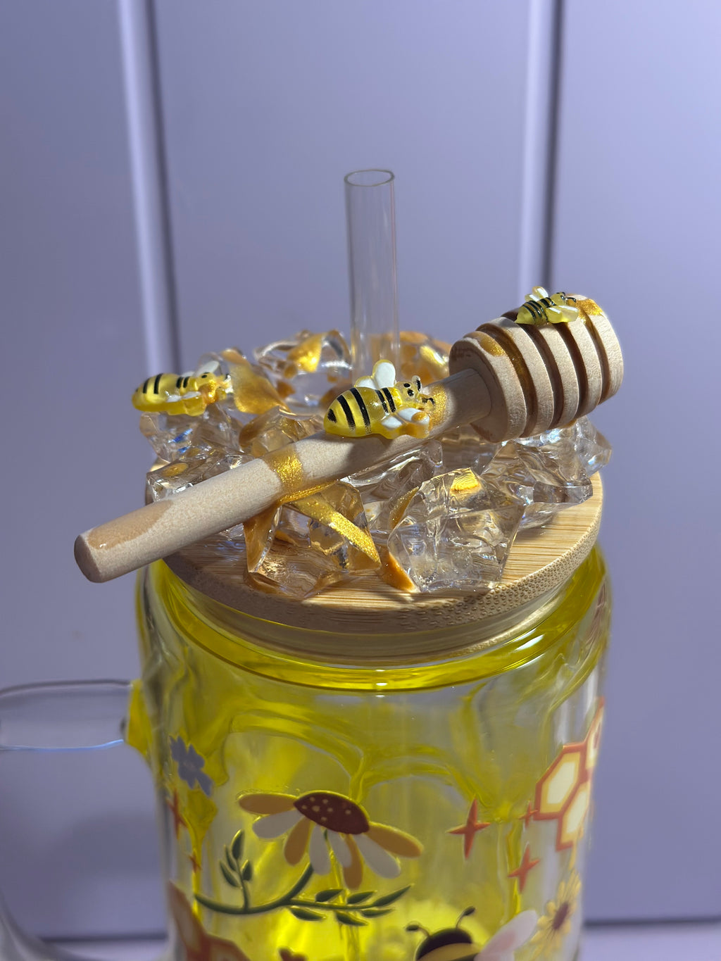 Honey Drip Bee Snow Globe Cup 16 oz Glass with lid and straw