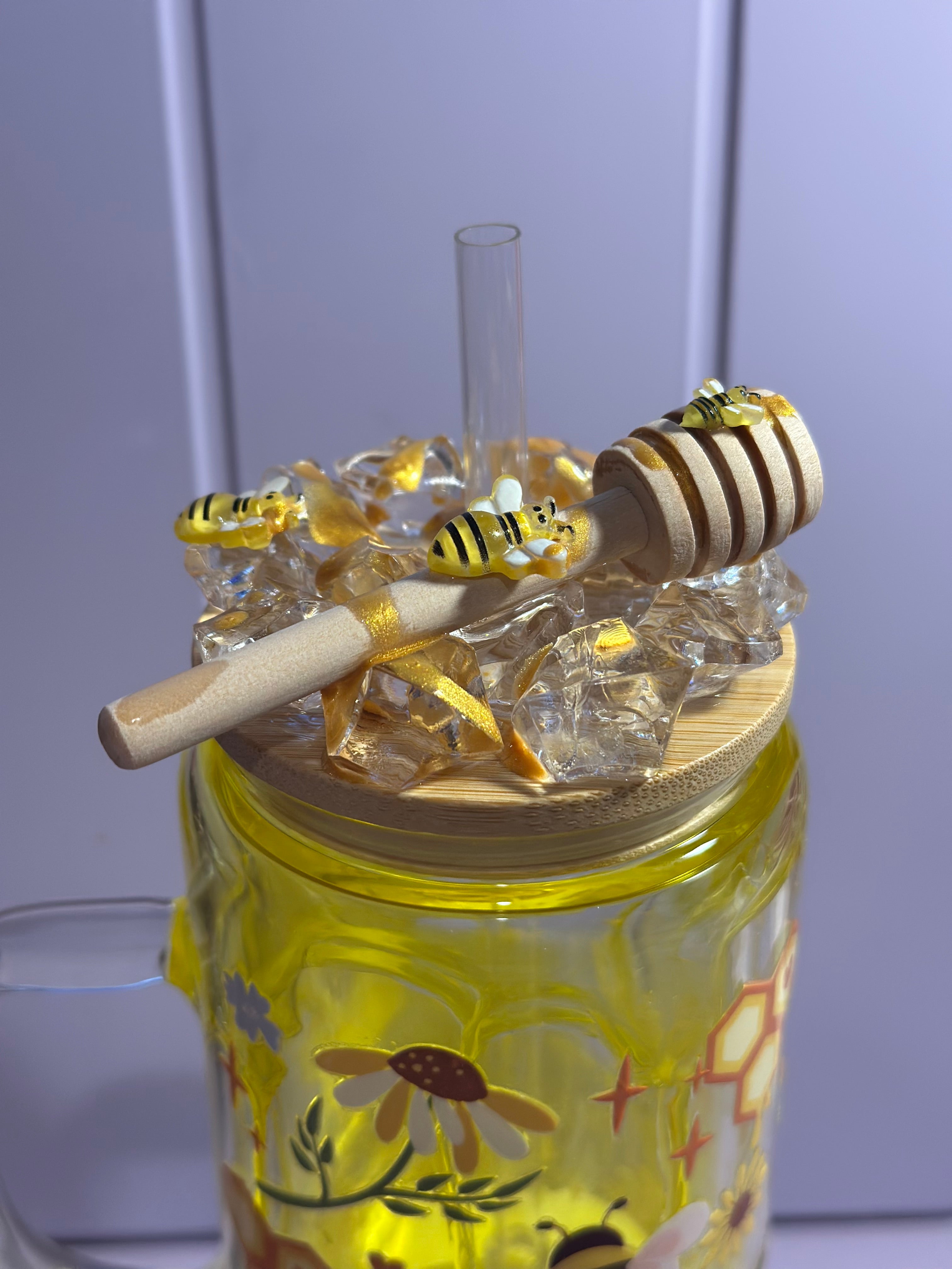 Honey Drip Bee Snow Globe Cup 16 oz Glass with lid and straw