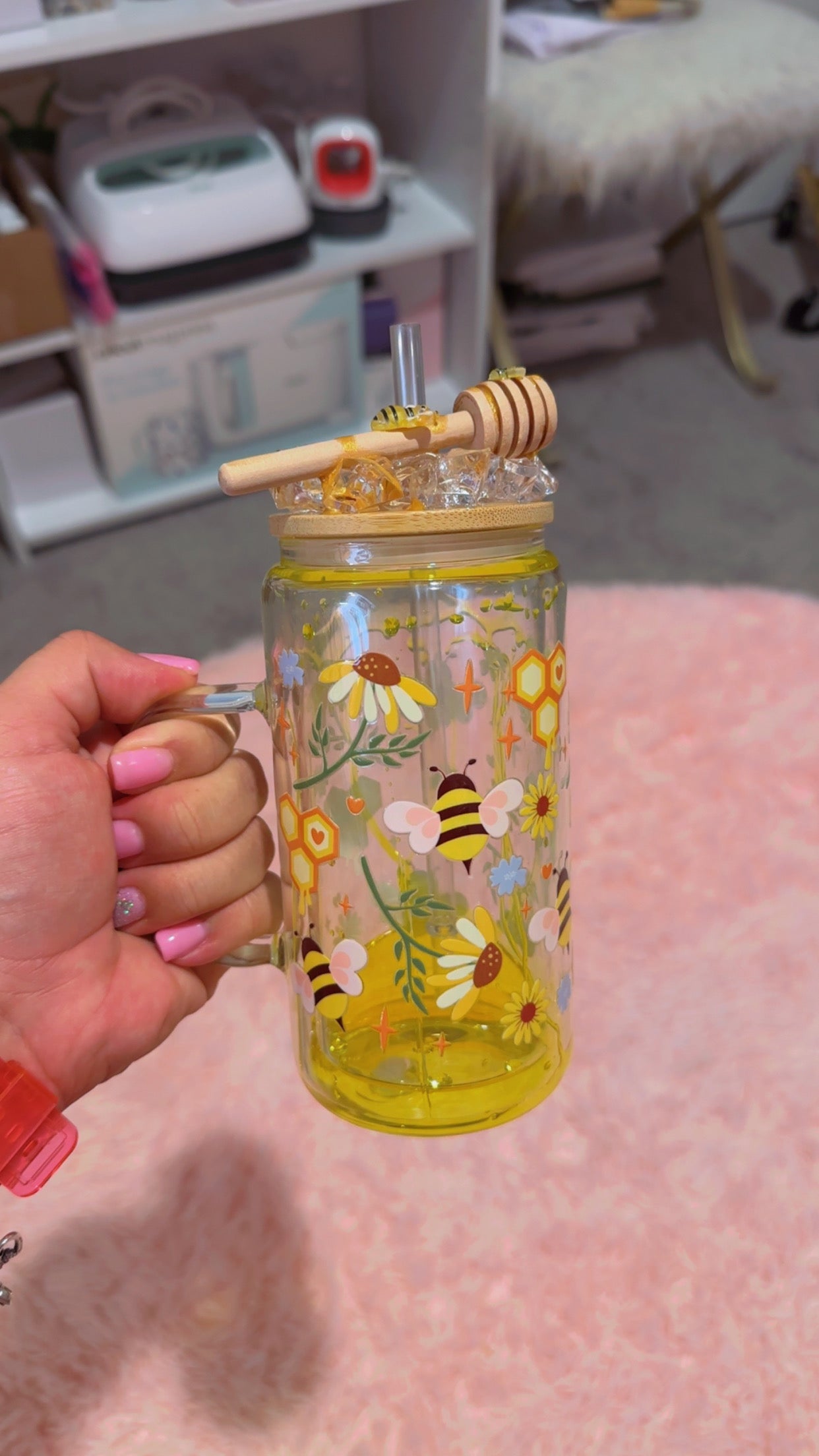 Honey Drip Bee Snow Globe Cup 16 oz Glass with lid and straw