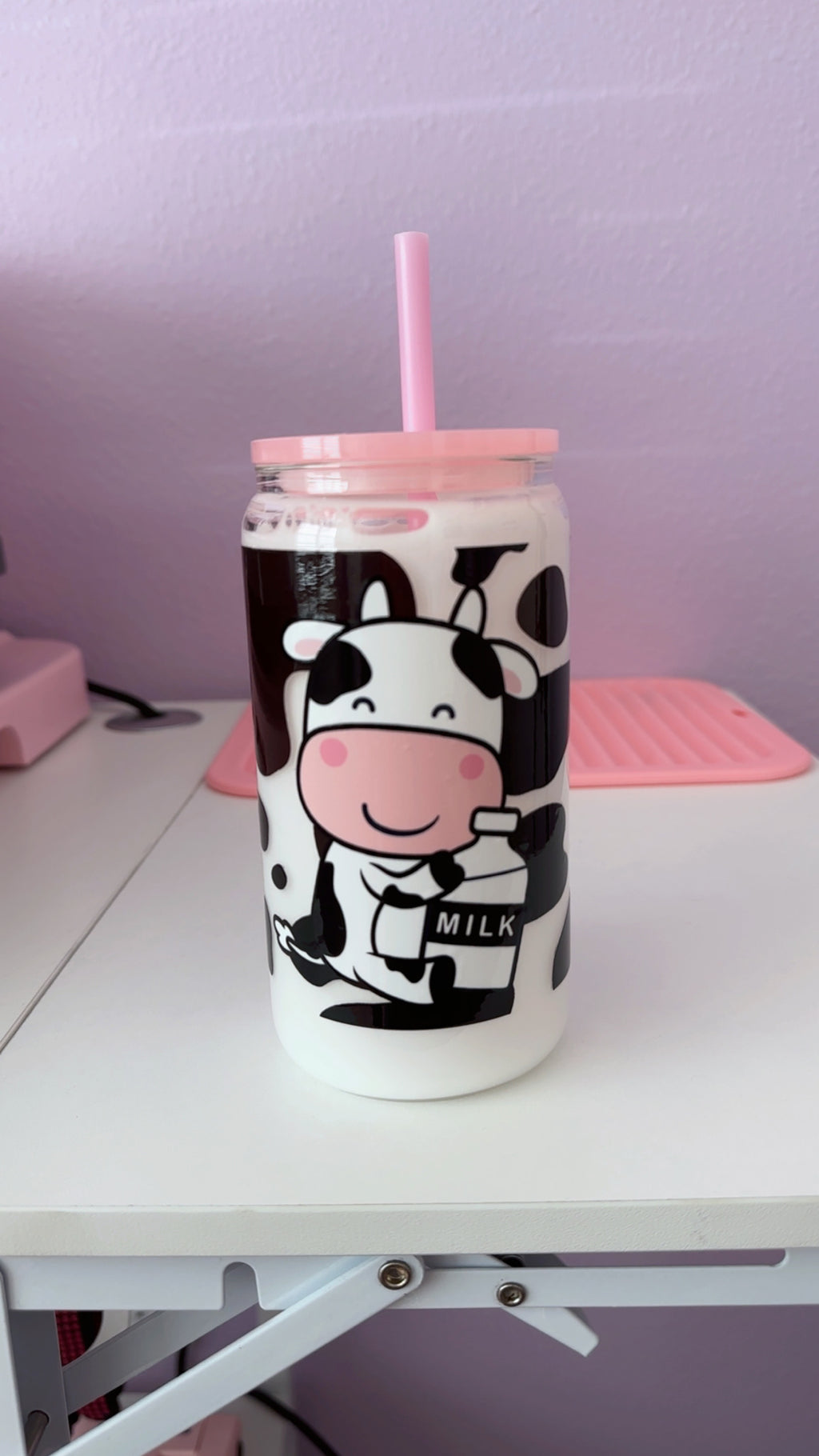 Snow globe Cow print white milk 16oz cup