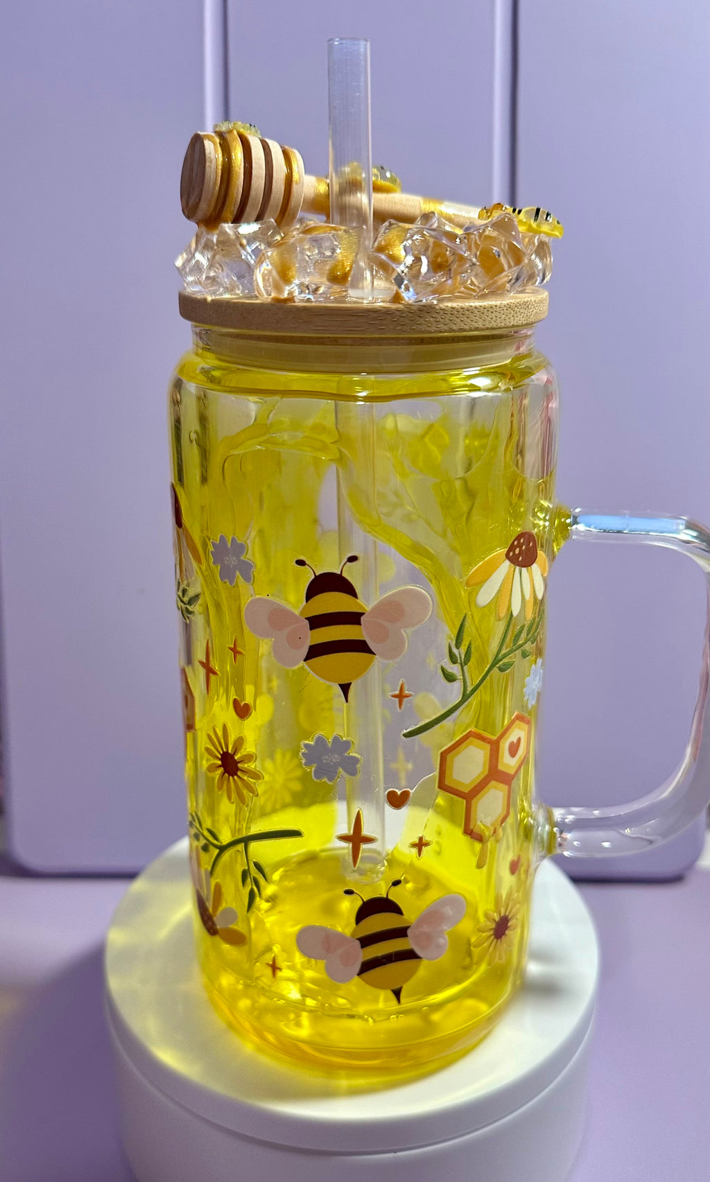 Honey Drip Bee Snow Globe Cup 16 oz Glass with lid and straw