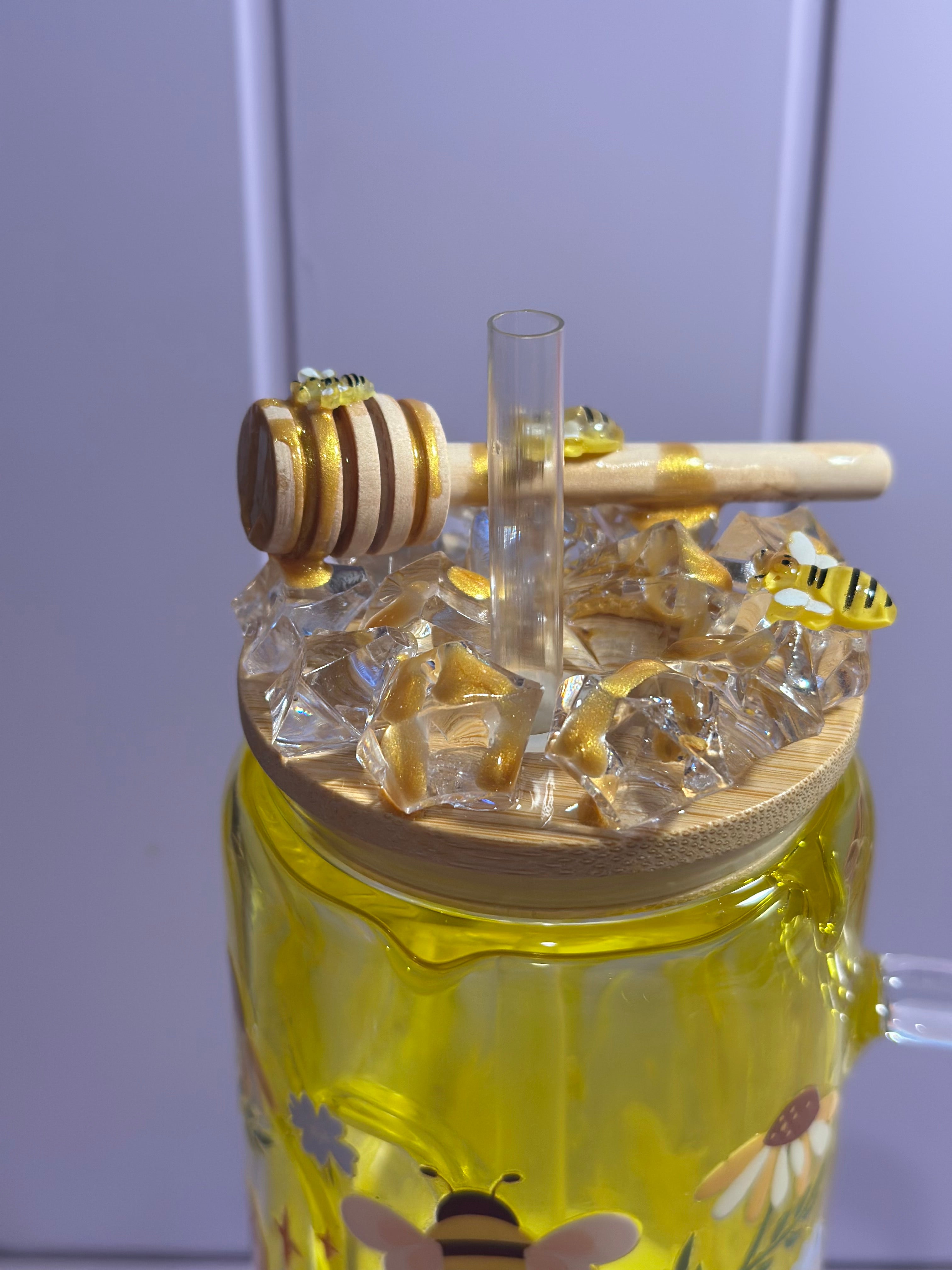 Honey Drip Bee Snow Globe Cup 16 oz Glass with lid and straw