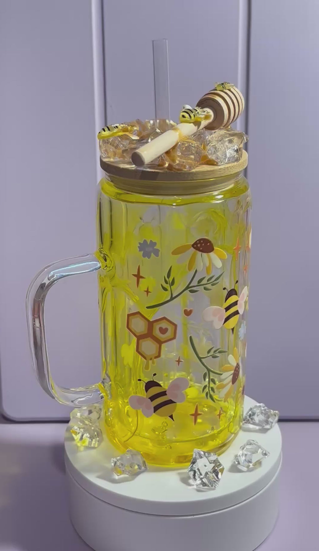 Honey Drip Bee Snow Globe Cup 16 oz Glass with lid and straw