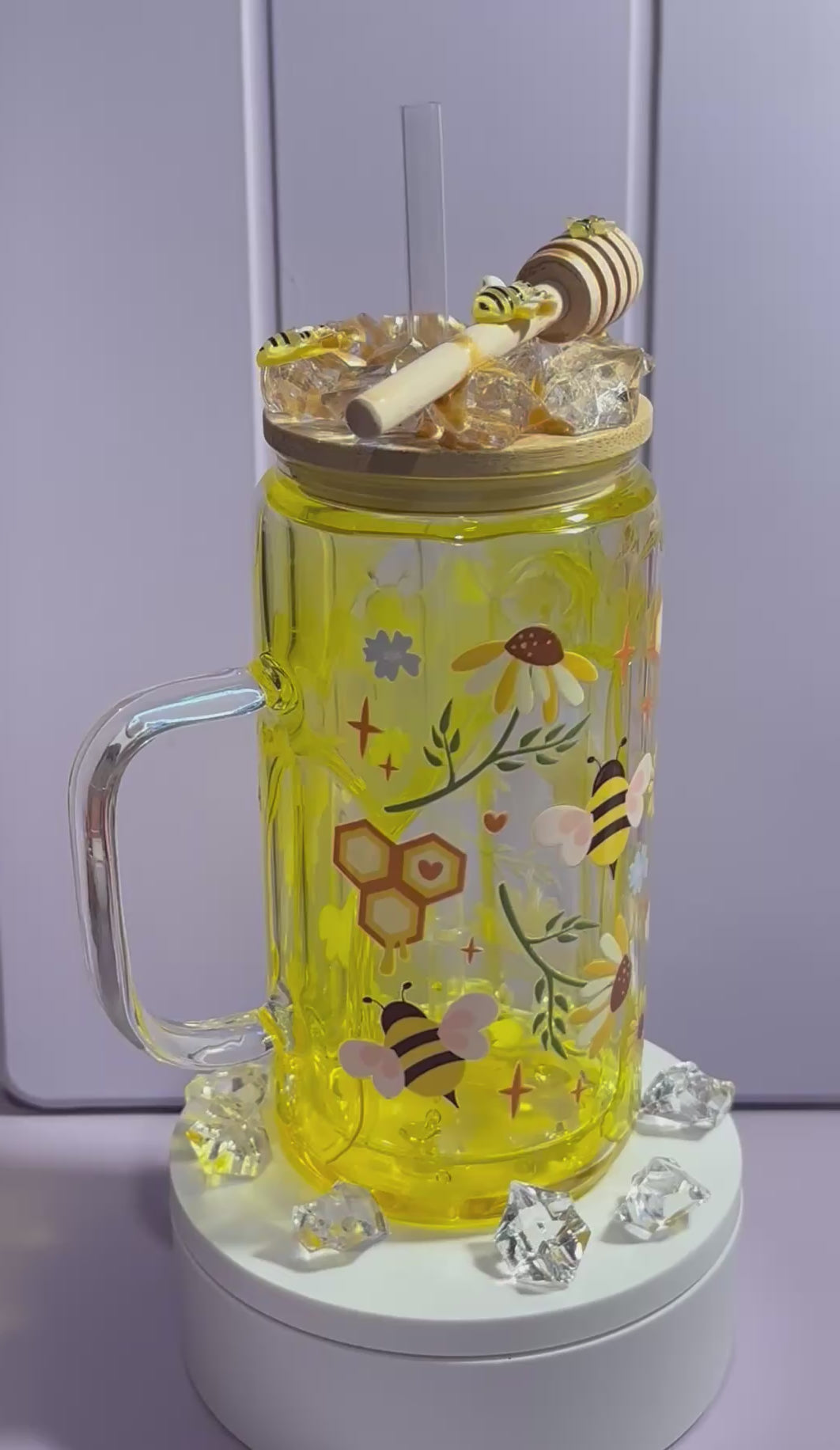 Honey Drip Bee Snow Globe Cup 16 oz Glass with lid and straw